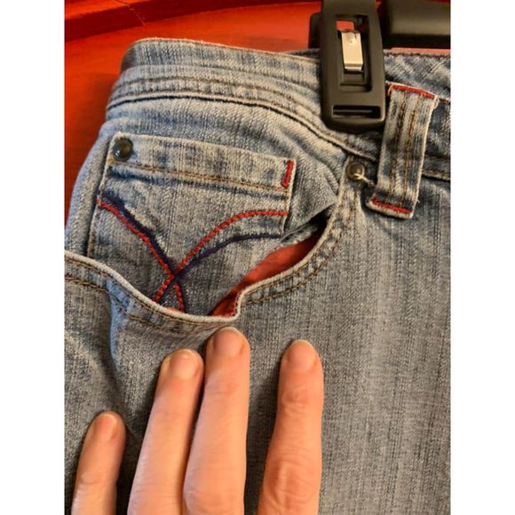 Venezia 18 Average Medium Blue Wide Leg Denim Jeans Red Stitching Stretch EUC - Picture 3 of 4